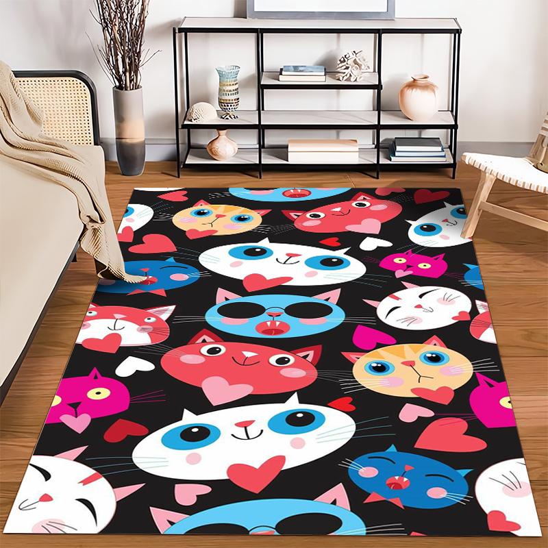 Colorful Cartoon Cats and Hearts Pattern on Black Background for Cute Decorative Carpet Suitable for use as an anti-slip1 for1room and bedroom sofas