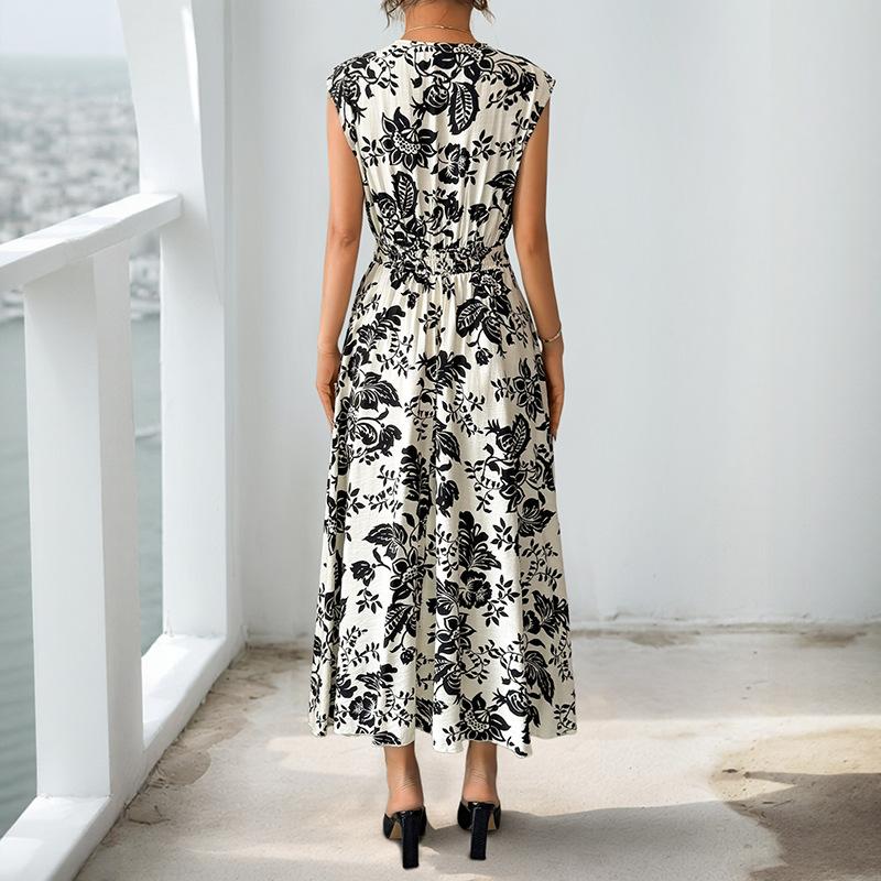 VEZFAA Women's Fashion Summer Spring Flower Pattern Print Sleeveless V-Neck High Waist Casual Dresses