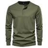 HANMUY Henley Long Thermal Training Solid Army Size Wear Men's T-Shirt, Sleeve, Tee, Wear, V-Neck Top, Stretch, 100% Cotton, Color, Green, XL,