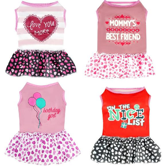 4 Pack Adorable Girl Puppy Printed Doggy Clothes for Small Dogs - Girl Holiday Apparel Dresses(M)