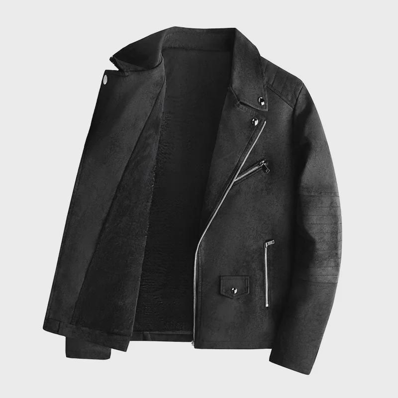 2024 Мужская повседневная мотоциклетная куртка из искусственной кожи с воротником в корейском стиле - легкая, на бархатной подкладке для осени и зимы