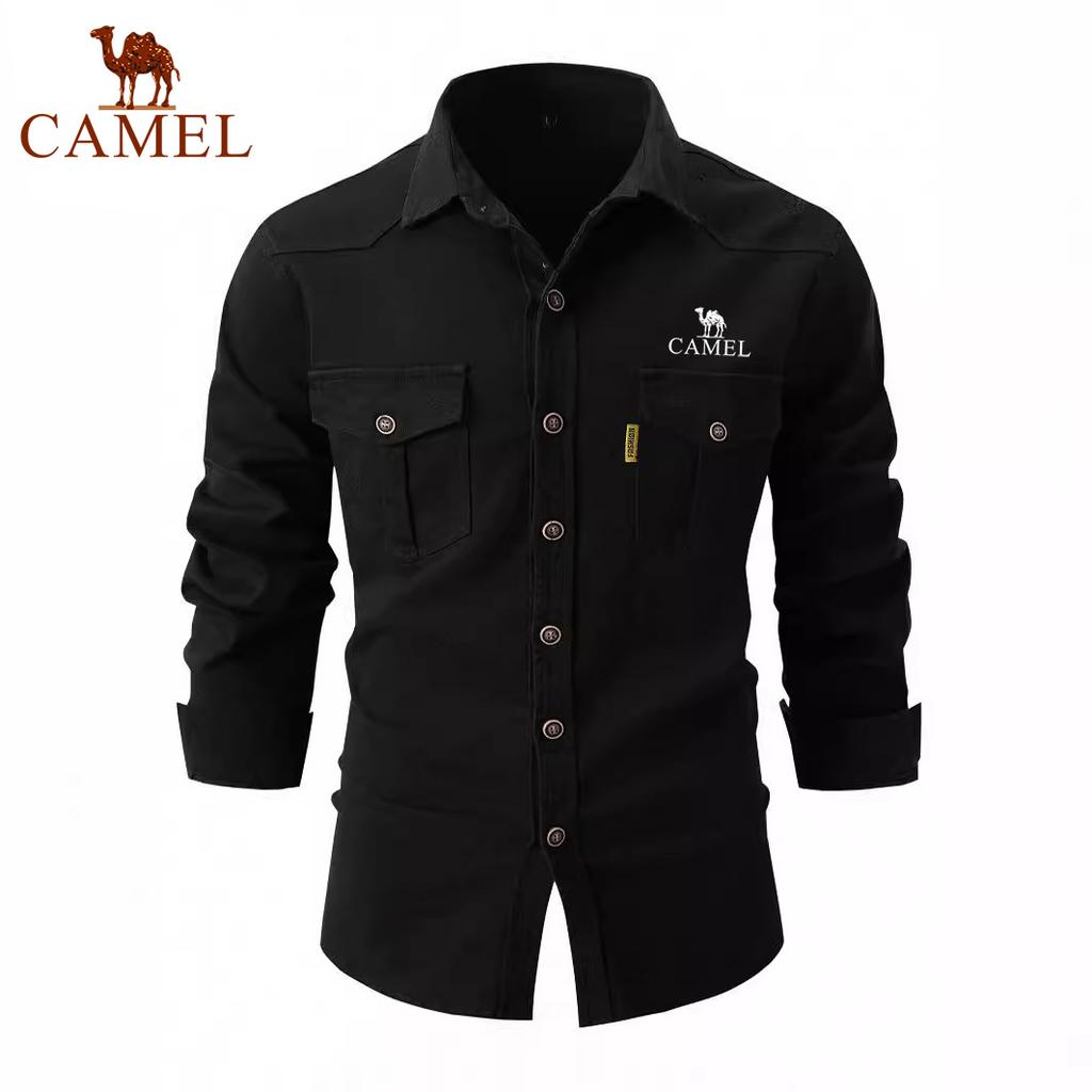 Camel Spring and Autumn New Embroidered European Size Shirt Men's Washed Elastic Pure Cotton Leisure Fashion Business Men's Long Sleeved Shirt