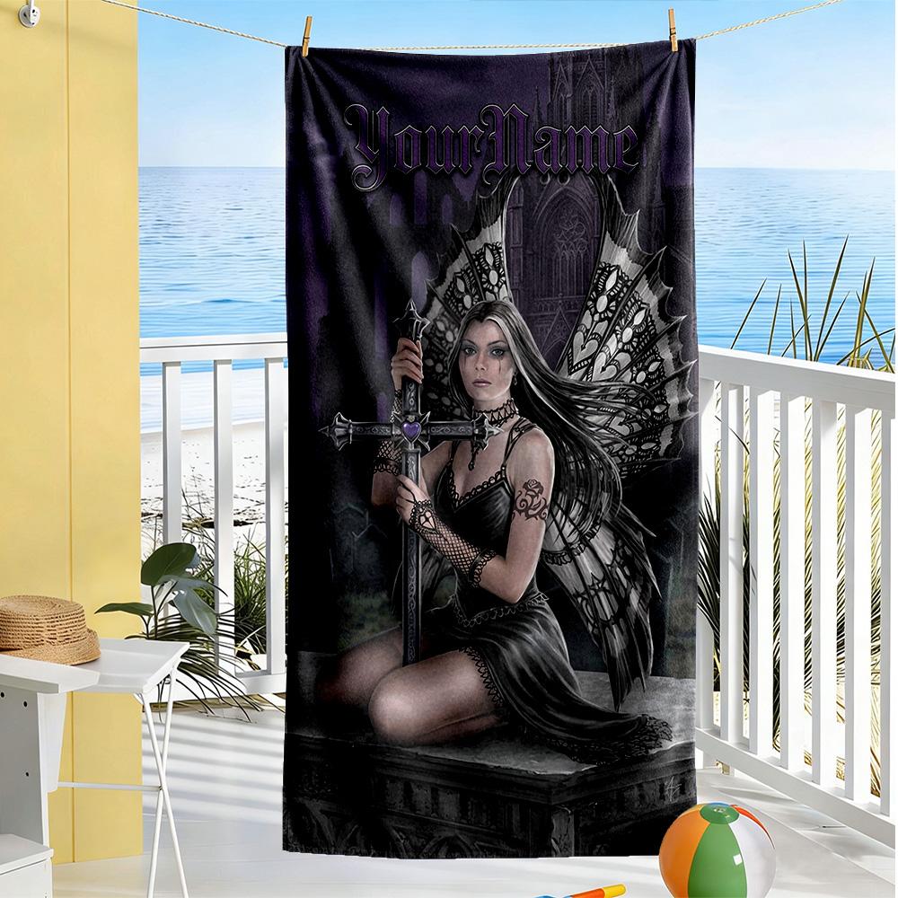 Gothic Illustrations Customized Name Beach Towel Soft Durable Quick-Dry Ideal for Travel Outdoor Swim Pool Yoga Surf Camping Hiking Gym Gift Holiday