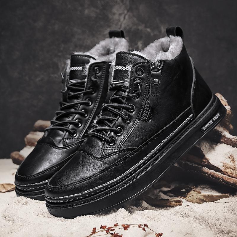 Winter Mid Cut Men's Boots With Warm Fur Trendy Outdoor Men's Trendy Boots With Side Zipper Retro Lace Up Men's Casual Shoes