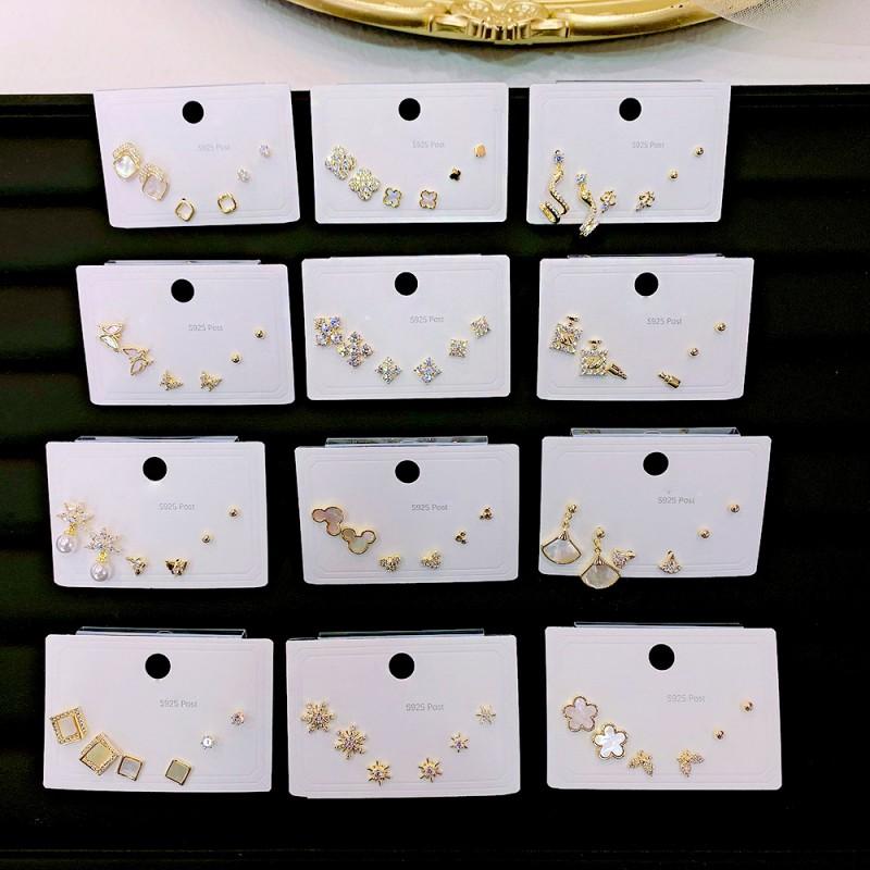 Minimalist Stud Earrings Set 3 Pairs Gold Tone CZ Geometric Floral Design Women Daily Wear