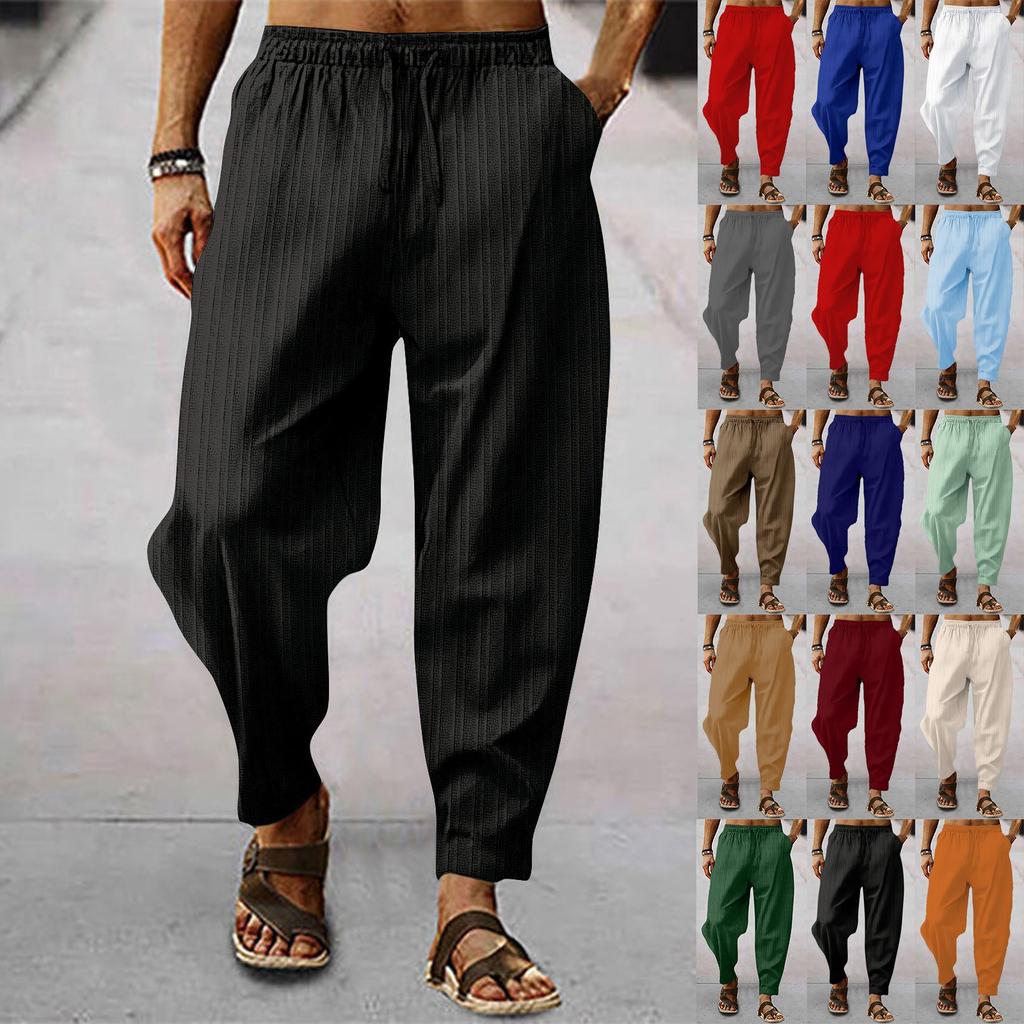 Мужские повседневные свободные и удобные повседневные брюки, хлопковые льняные брюки с пуговицами