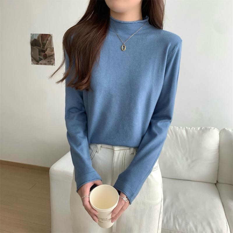 Semi-turtleneck Bottoming Shirt Women's Black Slim-fitting Sweater Inside White Thin Knitted Sweater Autumn and Winter Top