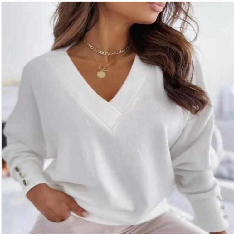 Осенне-зимняя модная женская мода с v-образным вырезом и длинным рукавом, повседневная однотонная трикотажная пуловер на пуговицах, свитера, джемпер