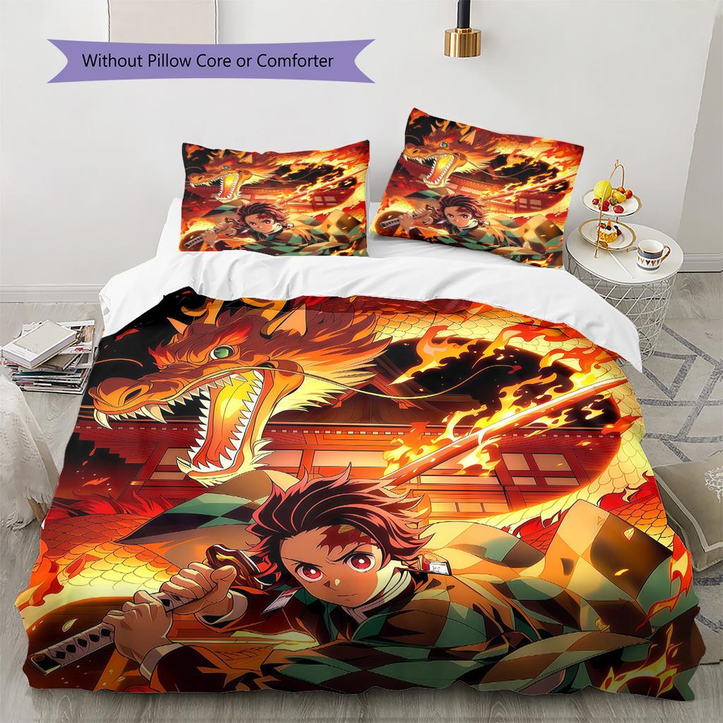 Demon Slayer Kimetsu no Yaiba Pattern Bedding Quilt Set Home Decoration Gift (1 * duvet cover + 2 * pillowcase without core)