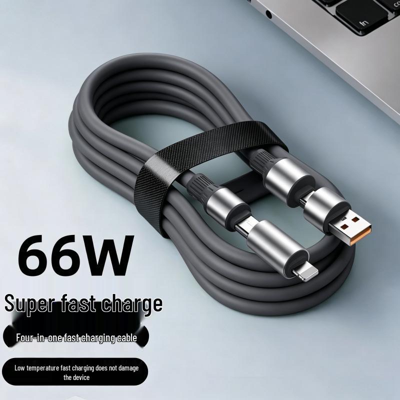 Кабель 4-в-1 с быстрой зарядкой: Совместимо с телефонами Apple, Type-C, Huawei, OPPO, Xiaomi, Honor и автомобильными зарядными устройствами