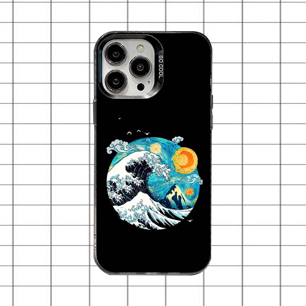 Чехол для телефона "Большая волна в Канагаве" для iPhone 16,15,14,13,12,11,8,7,Pro,Max,Plus,Mini,XS,SE, противоударный, черный, матовый, жесткий