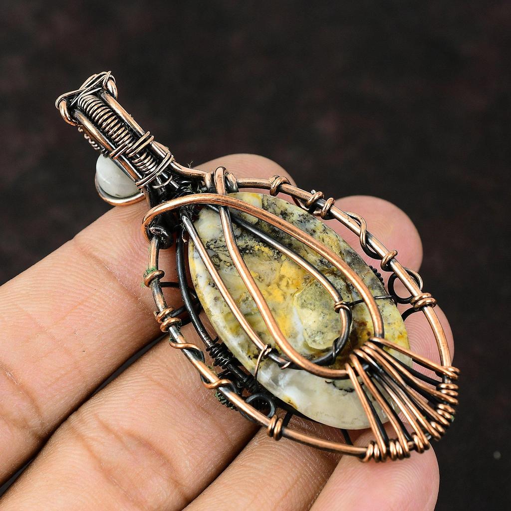 Подвеска из медной проволоки с перьями от сглаза и агатом, лунный камень, медные украшения, кулон ручной работы, дизайнерский кулон, украшения от сглаза, подарок для матери
