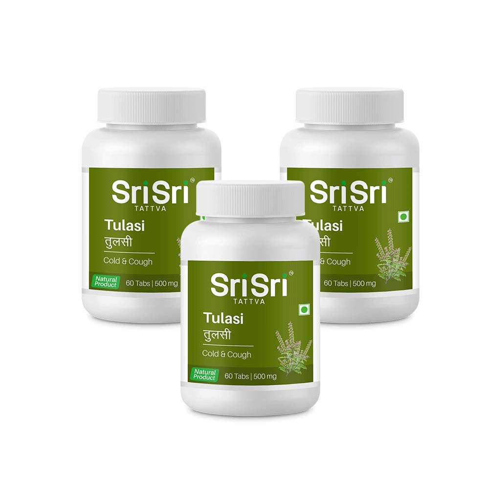 Sri Sri Tattva Tulasi Herbal Tablets 500mg 60Tab X Pack of 3 for Immunity, Fresh Breath, Lung Support