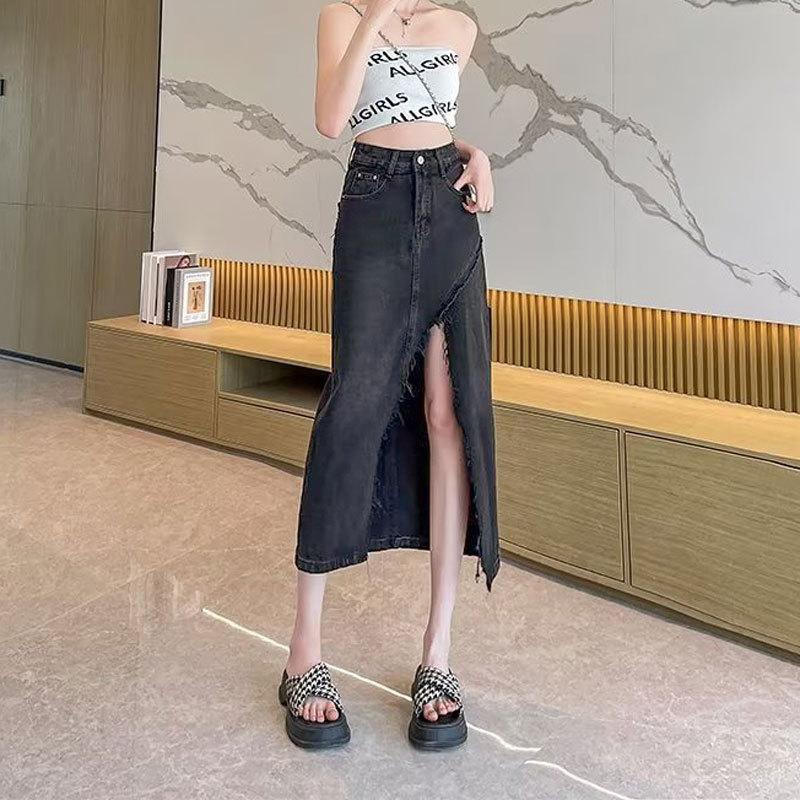 Необработанный край Дизайн А-силуэта Женская Нестандартная Винтажная Высокая Талия Разрез Пакет Бедра Средней Длины Юбка Универсальная Удобная Модная Джинсовая Юбка-Бюстье