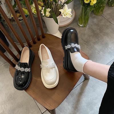 Маленькие туфли из искусственной кожи, женские весенние новые толстые туфли-лоферы в стиле Харадзюку с кристаллами и цветком, туфли Мэри Джейн