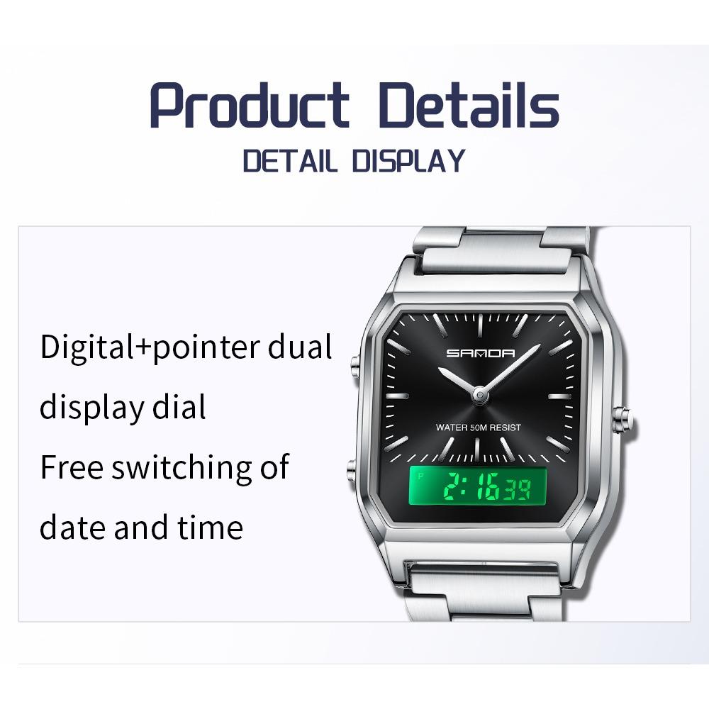 Unisex Analog Digital Quartz Wristwatch Square Case Waterproof Stainless Steel Bracelet Watch