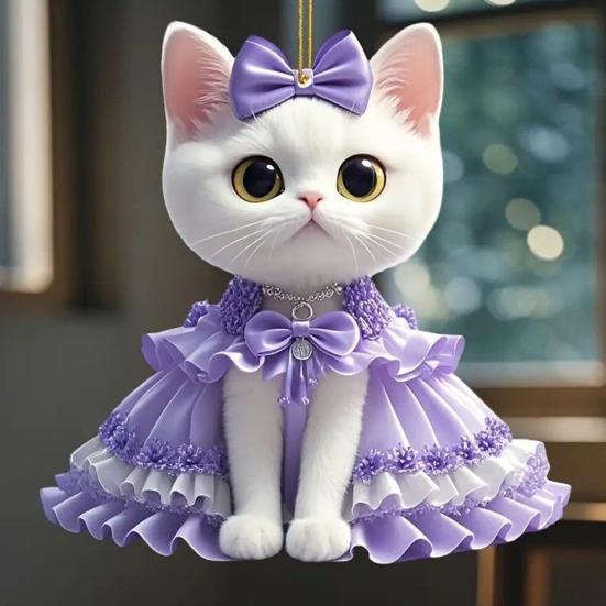 Yousheng 2Pcs Cute Cat Purple Pendant Car Rear View Mirror Charm Acrylic Cat Hanging Decorations for Auto Interior Window Bag