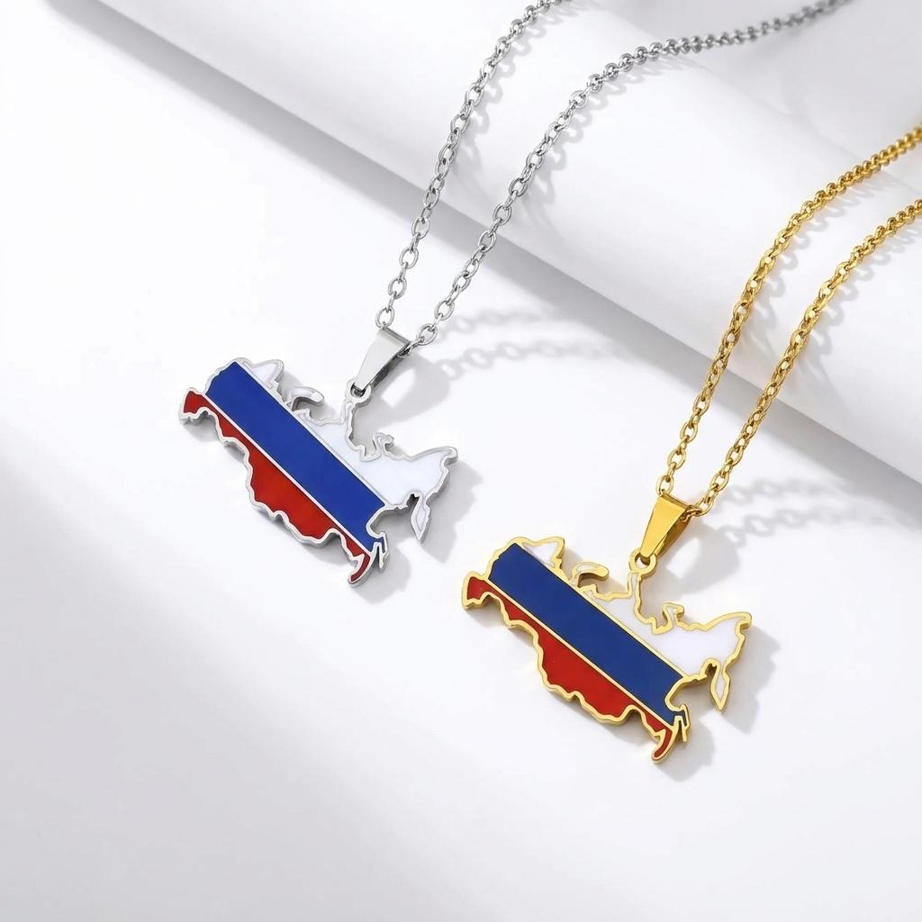 Russia Map Flag Pendant Necklace Stainless Steel Patriotic Jewelry for Men Women