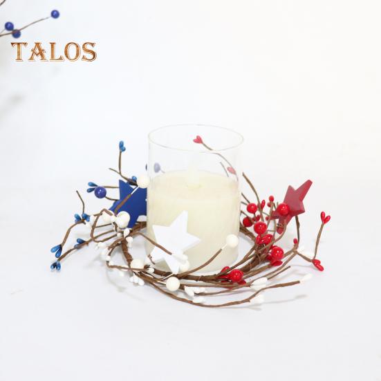 Patriotic Candle Ring Wreath Red White Blue Star Mixed Artificial Berry Candle Wreath Mini Pillar Candle Holder for 4th of July Tabletop Decor