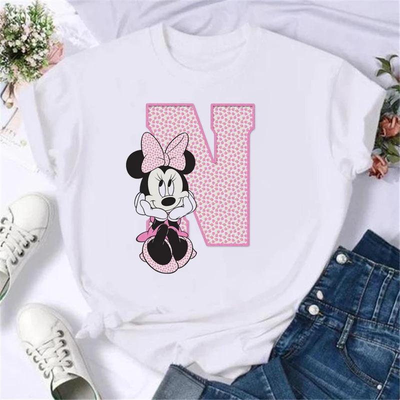 Kawaii Ladies Tees Disney Cartoon Mickey Mouse Letter Minnie T-shirt White Short-sleeved Women 90S Tops Summer Loose Blouse