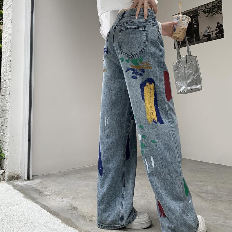 Модные красочные рваные джинсы с рисунком каракули, женские узкие прямые брюки с высокой талией, широкие брюки, женские винтажные синие повседневные джинсовые брюки, женские 24247