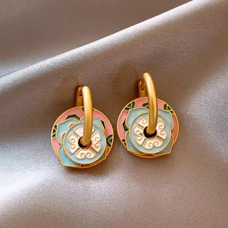 Китайские ретро эмалевые серьги-каффы с цветами: Роскошные серьги с цирконом