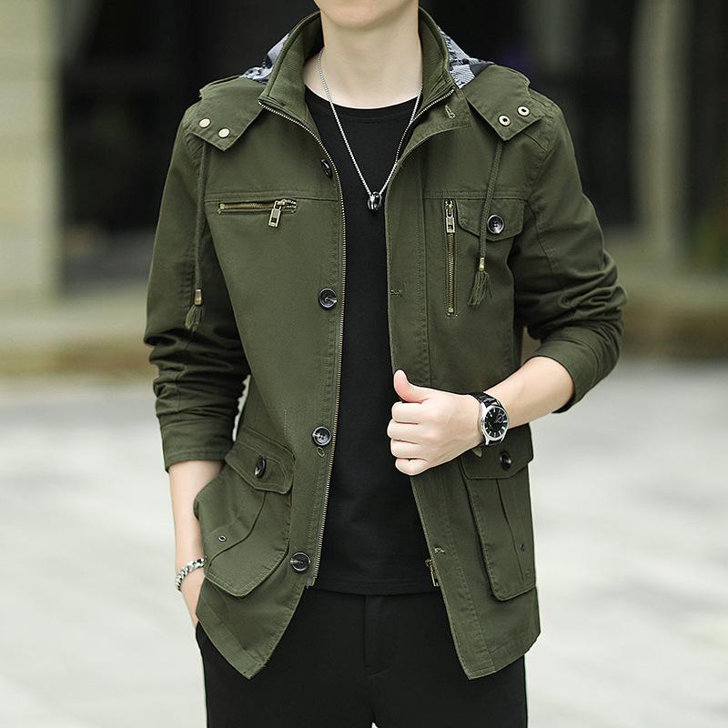 Весенне-осенняя новая куртка мужская с капюшоном в американском повседневном спортивном стиле, модная универсальная зеленая рабочая куртка тренд