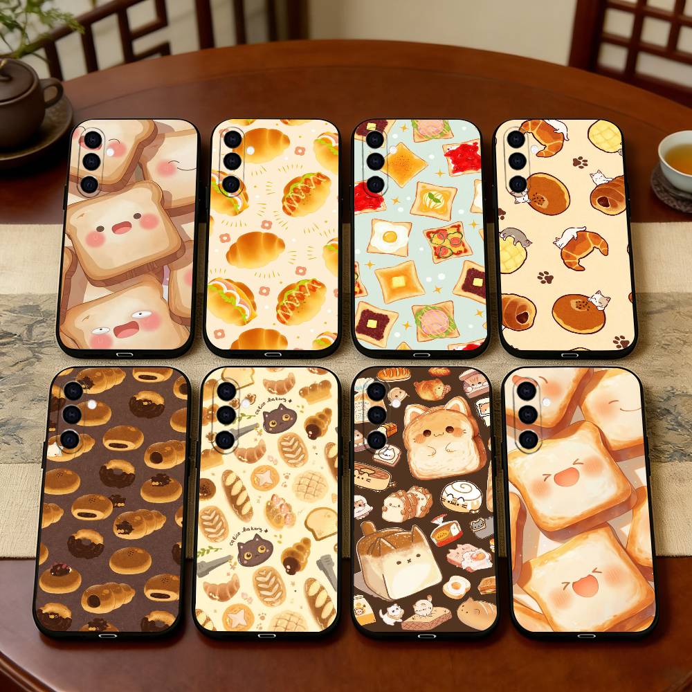 Cute Bread Illustration Phone Case Black Silicone Soft For Samsung Galaxy A73,A72,A71,A70,A53,A52,A51