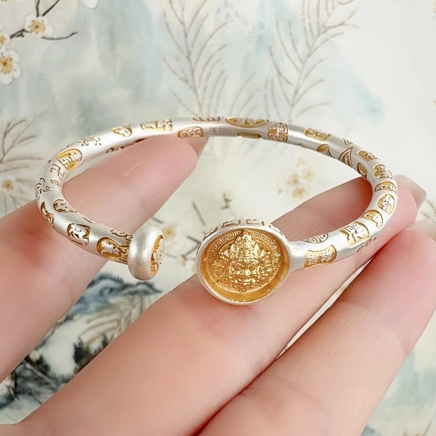 9999 Sterling Silver Hand-Painted Gold Chinese Open Bracelet with Auspicious Words for Women