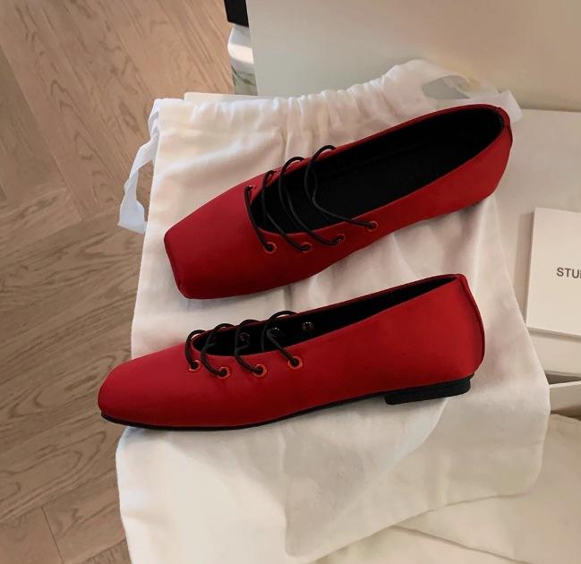 Sheepskin Version of Grape Mother Mary Jane Shoes Women's Single Shoes Extravagant Satin Temperament Square Head Cross with Ballet Flats