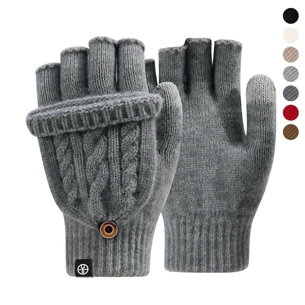 Thickening Fingerless Flip Gloves Wool Knitted Finger Free Gloves  For Men Women Unisex