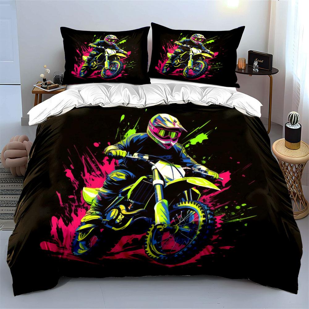 Motocross Art Decor Set Bedding Set with 1 Duvet Cover 2 Pillowcases Single Double King Queen, Gift