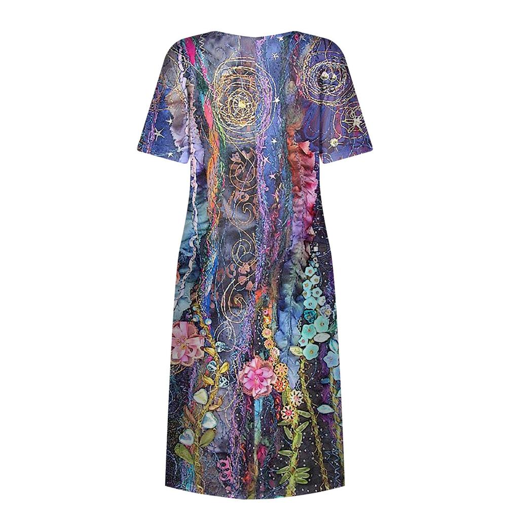 Жен. Повседневные платья Платья с принтами Летние платья С принтами Плиссированные платья-миди с круглым вырезом Классический Классический На открытом воздухе Повседневные С короткими рукавами Свободные платья