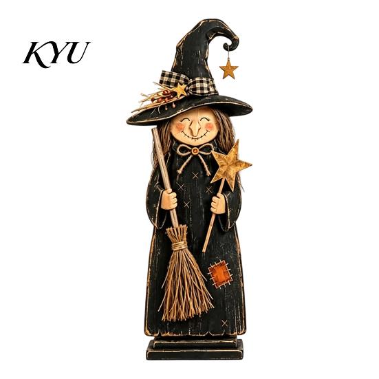 Hand Painted Witch Figurine Sets Vintage Wooden Figurine, Halloween Statues with Small for Countertop Broom Pumpkin Black Cat, Fall Farmhouse Tabletop