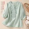 Весенняя женская рубашка, однотонная, элегантная женская блузка, цветочная вышивка, V-образный вырез, женская рубашка свободного кроя в стиле ретро