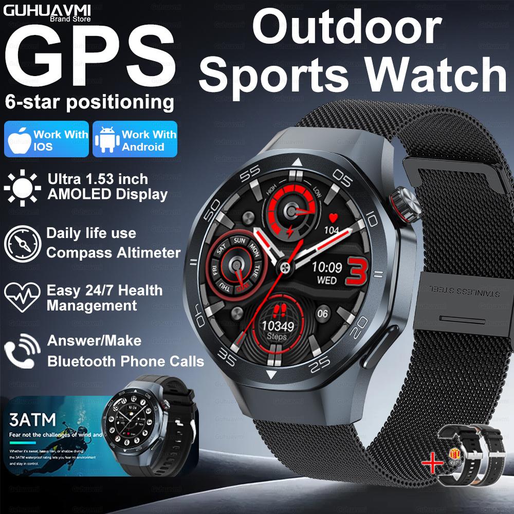 Новые умные часы с GPS-позиционированием для мужчин, 1,53-дюймовый AMOLED HD-экран, компас, датчик сердечного ритма, водонепроницаемость 3ATM, звонки, спортивные, деловые умные часы