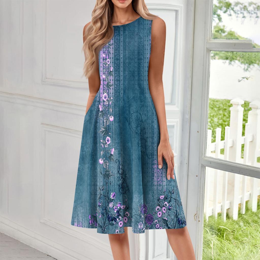 Женское модное повседневное платье-пуловер с круглым вырезом без рукавов и принтом средней длины