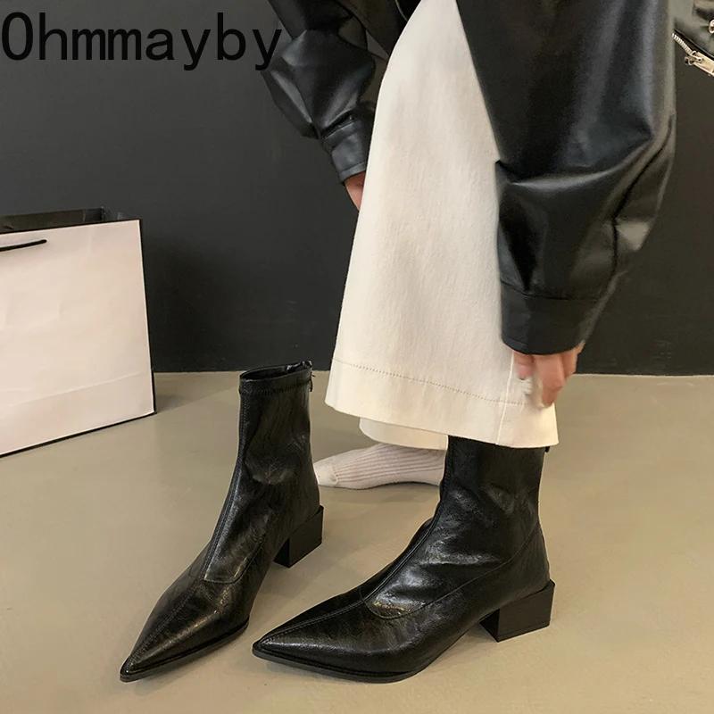 Дизайнерские женские ботильоны, модные, с острым носком, короткие, эластичные, осенне-зимние, женские, лаконичные, на толстом каблуке