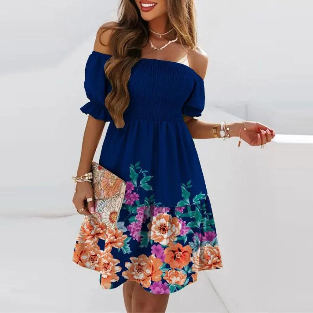 Women's Summer Midi Dress One-Should Short Sleeve Gradient Printed Dress Casual Elastic Waist Ruffle Beach Dress