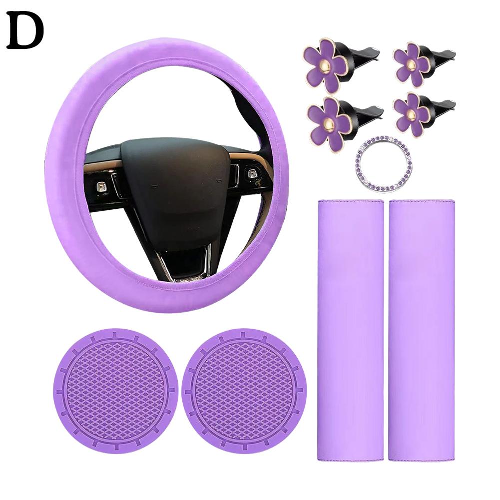 10 шт. кожаный чехол на руль для женщин, симпатичные автомобильные аксессуары, набор с ремнем безопасности, подплечниками, подстаканниками, украшениями для автомобиля