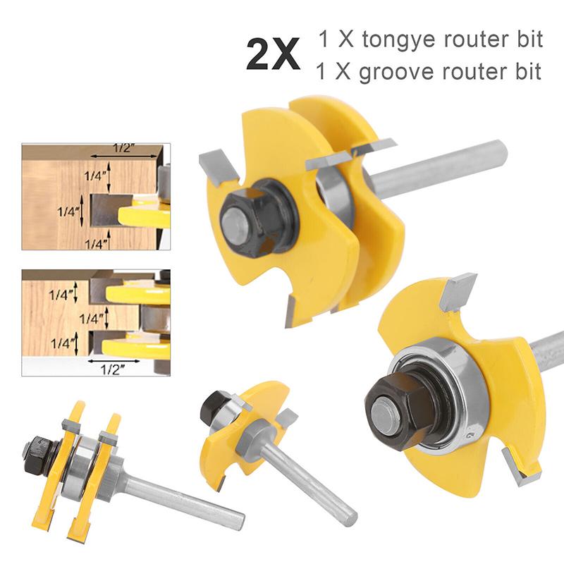 2x Набор фрез для пазов и шпунтов, хвостовик 1/4 дюйма, Т-образный набор инструментов для фрез с 3 зубьями