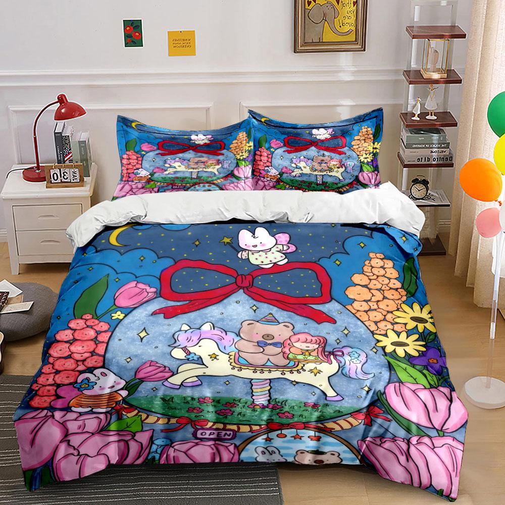 Cartoon Carousel Three-Piece Set Decor Soft Skin-Friendly Bedding Set Includes 1 Duvet Cover And 2 Pillowcase, Gift