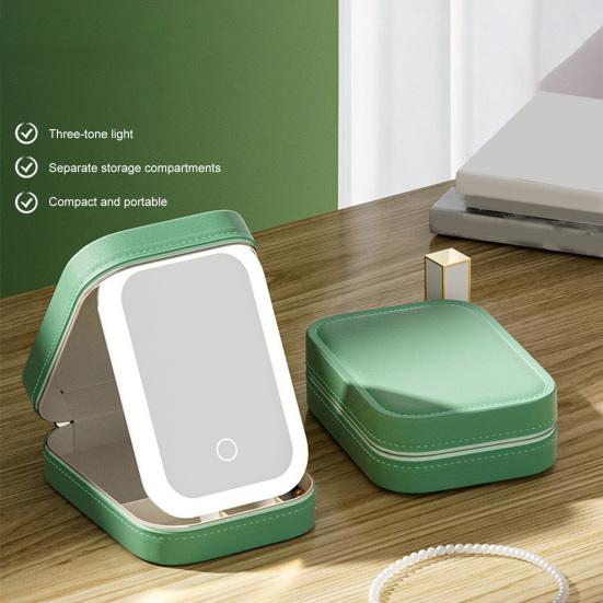 Дорожная косметичка со светодиодным зеркалом, USB-зарядка, 3 цвета, регулируемое косметическое зеркало с подсветкой, портативное дорожное мини-зеркало, футляр для косметики, ювелирные изделия