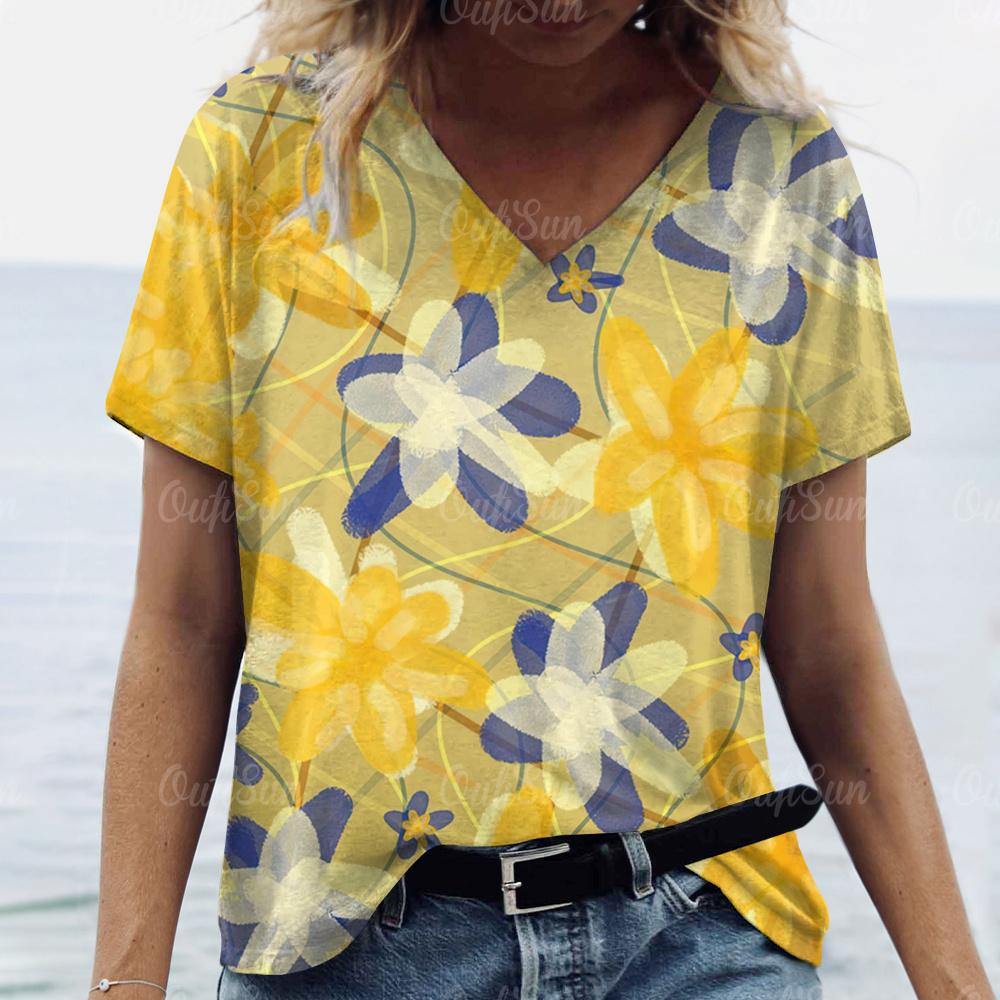 Новая футболка с принтом, летняя повседневная футболка с V-образным вырезом и короткими рукавами, женская свободная уличная мода, повседневная одежда, топ