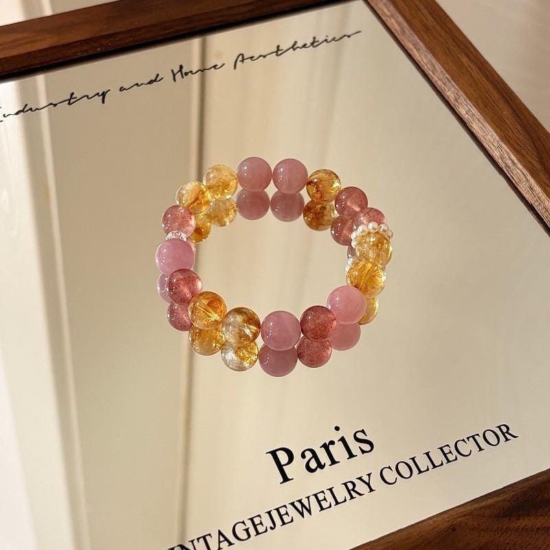 Womens Strawberry Citrine Rose Quartz Beaded Bracelet Dainty Crystal Jewelry Everyday Wear