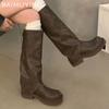 Зимние женские высокие сапоги Кожаные туфли на среднем каблуке Сапоги до колена Массивные Модные Мотоциклетные сапоги Зимний тренд 2024 Готические Botas De Mujer
