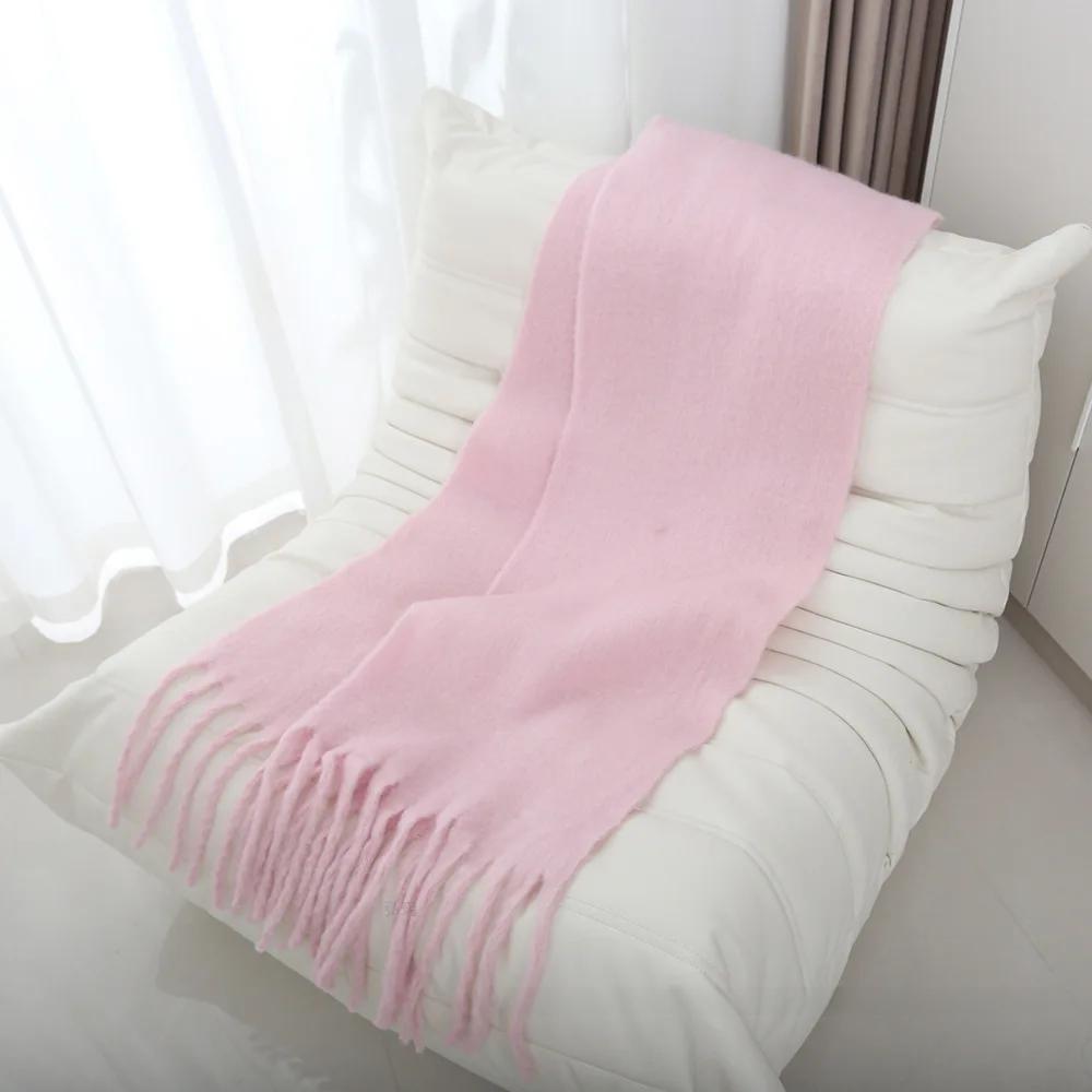 Thickened Extended Solid Color Scarf Women's Autumn Winter Korean Style Angora Student Shoulder Wrap Neck Warmer Pink Macaron
