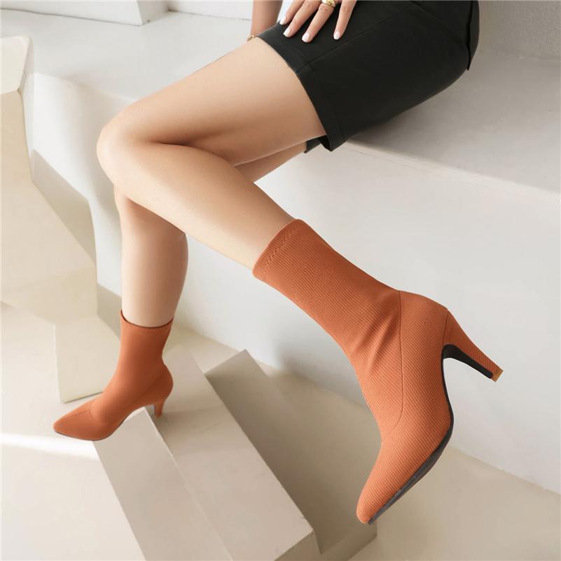 FOREADA Женские ботильоны с острым носком, на массивном высоком каблуке, эластичные короткие ботинки, женская модная обувь, осень-зима, фиолетовый, оранжевый, 46