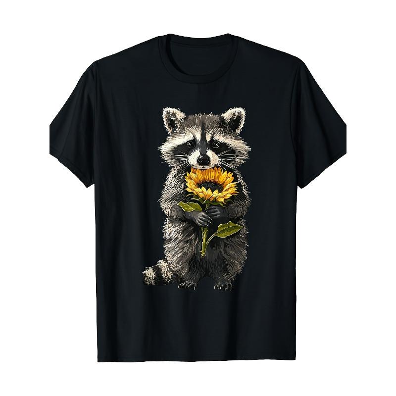 European sizes Raccoon Holding Sunflower Cute Flower Mothers Day T-Shirt