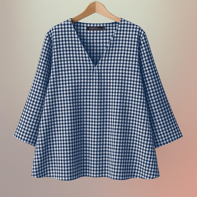 ZANZEA Женская повседневная блузка с V-образным вырезом, рукавами 3/4 и свободным кроем, в клетку